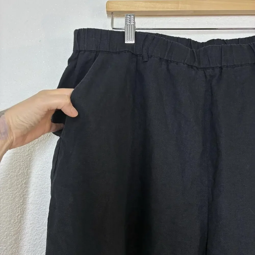 Quince Linen Pants Womens XL Black Wide Leg Elastic Waist Relaxed Pull On Casual